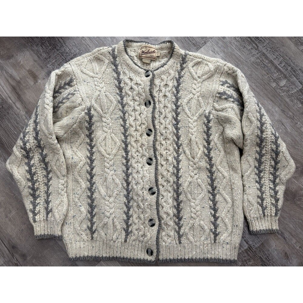 Woolrich Women’s Speckled Wool Blend Cableknit Fisherman Cardigan Sweater L